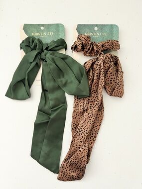 NWT: Kristin Ess Satin Hair Scrunchie set - Forest Green & Leopard Tan set of 2